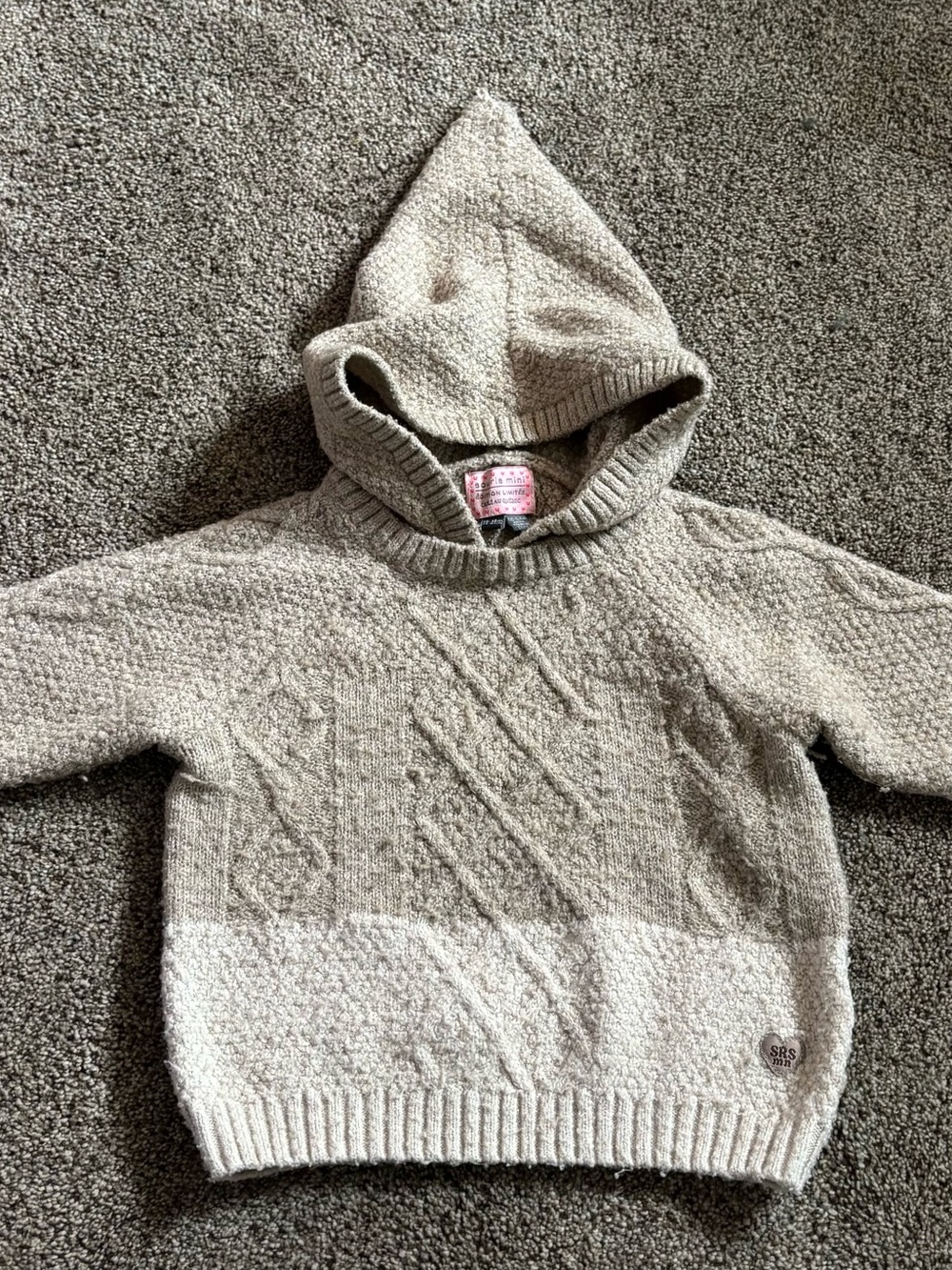 Kids Hooded Cable-Knit Sweater in Beige-Cream